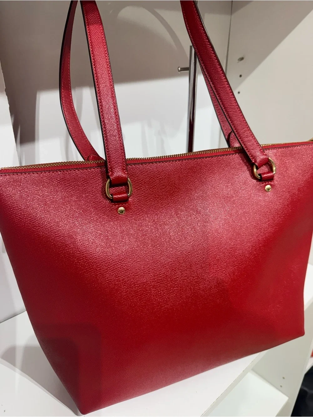 Coach Red Leather Tote with Front Zip and Gold Accents